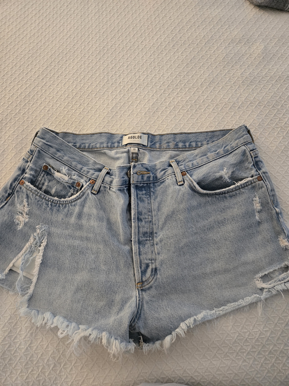 Agolde Light Blue Distressed Parker Denim Shorts